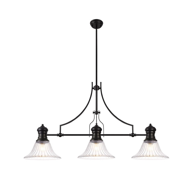 Munro 3 Light Linear Multi Height Pendant E27 With 30cm Bell Glass Shade, Matt Black, Clear