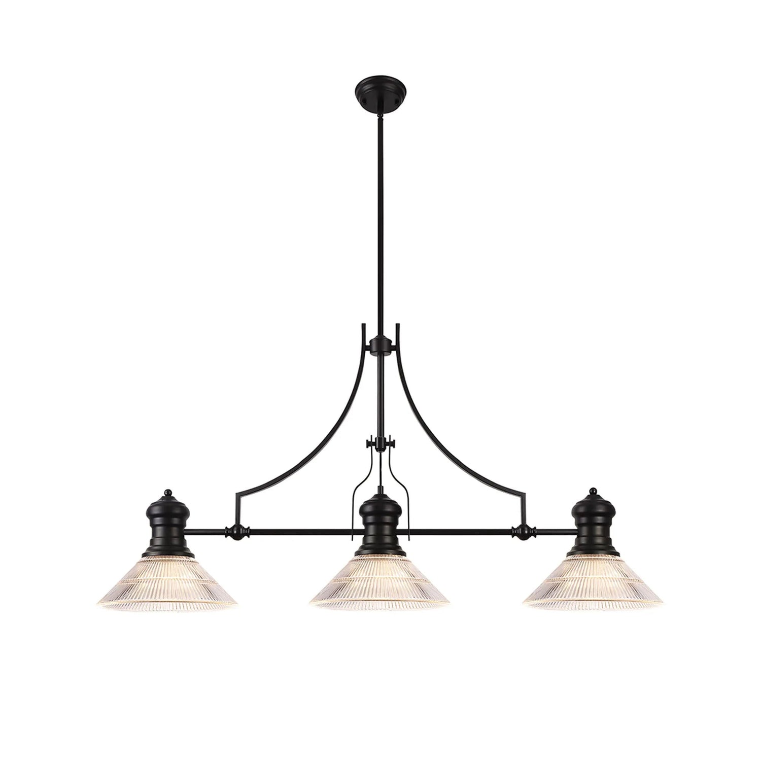 Munro 3 Light Linear Multi Height Pendant E27 With 30cm Cone Glass Shade, Matt Black, Clear