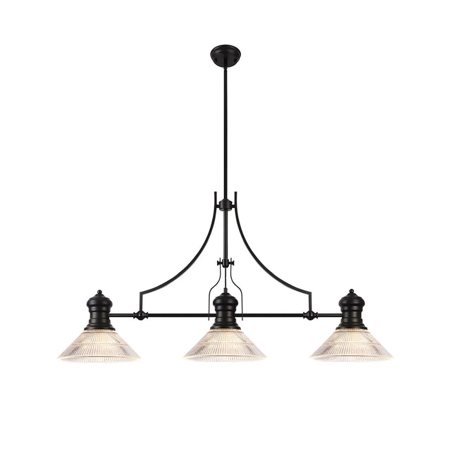 Munro 3 Light Linear Multi Height Pendant E27 With 30cm Cone Glass Shade, Matt Black, Clear