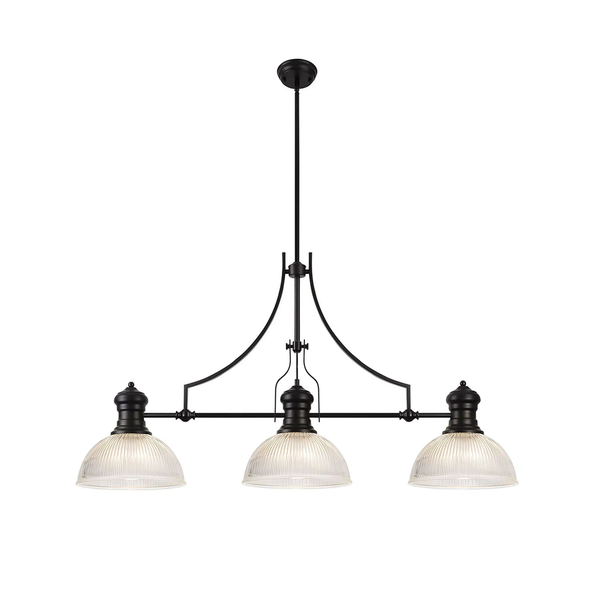 Munro 3 Light Linear Multi Height Pendant E27 With 30cm Dome Glass Shade, Matt Black, Clear