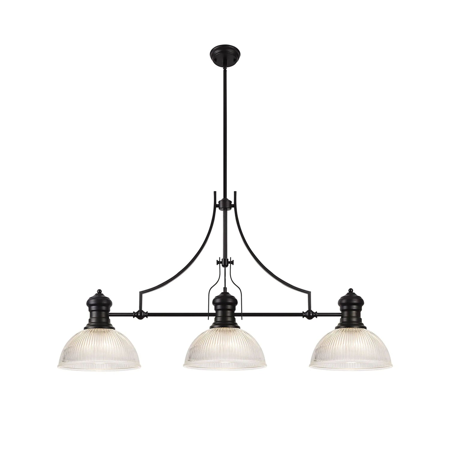 Munro 3 Light Linear Multi Height Pendant E27 With 30cm Dome Glass Shade, Matt Black, Clear