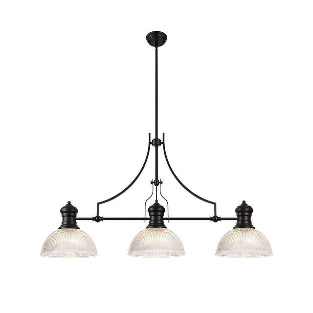 Munro 3 Light Linear Multi Height Pendant E27 With 30cm Dome Glass Shade, Matt Black, Clear