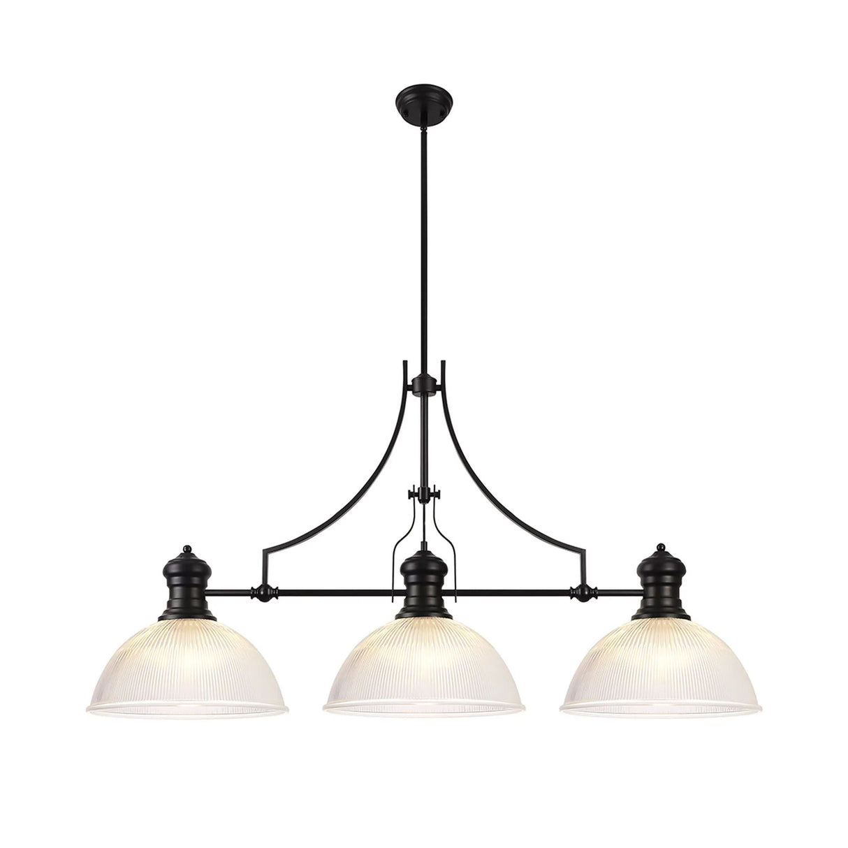 Munro 3 Light Linear Multi Height Pendant E27 With 38cm Dome Glass Shade, Matt Black, Clear