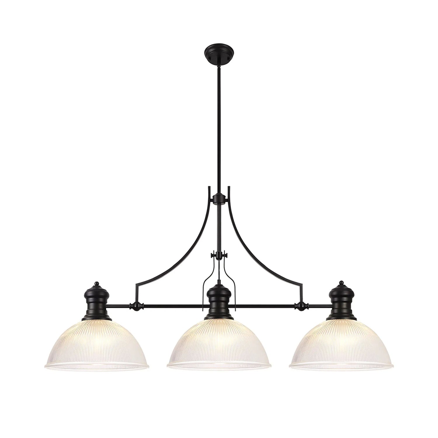 Munro 3 Light Linear Multi Height Pendant E27 With 38cm Dome Glass Shade, Matt Black, Clear