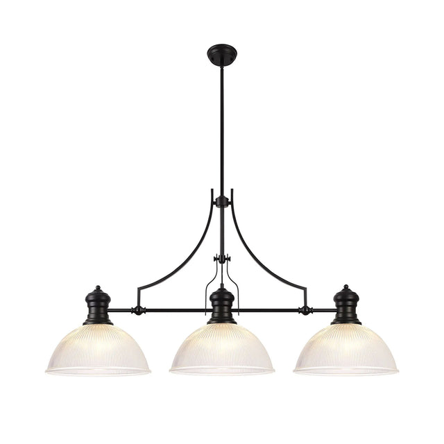 Munro 3 Light Linear Multi Height Pendant E27 With 38cm Dome Glass Shade, Matt Black, Clear