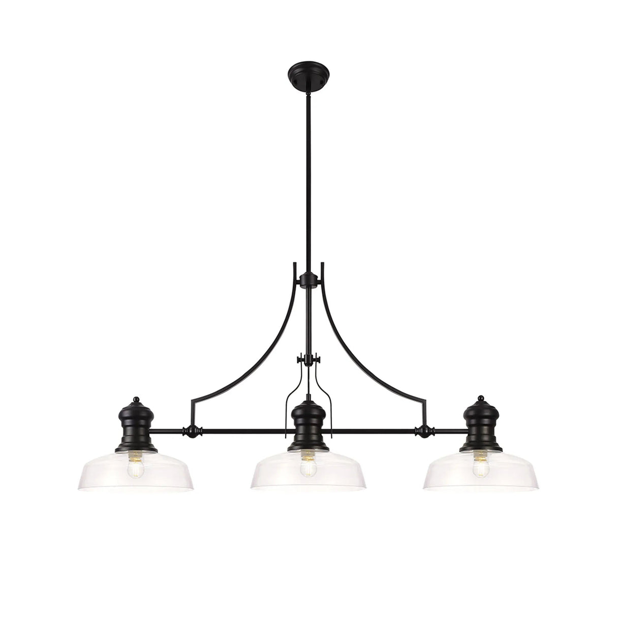 Munro 3 Light Linear Multi Height Pendant E27 With 30cm Flat Round Glass Shade, Matt Black, Clear
