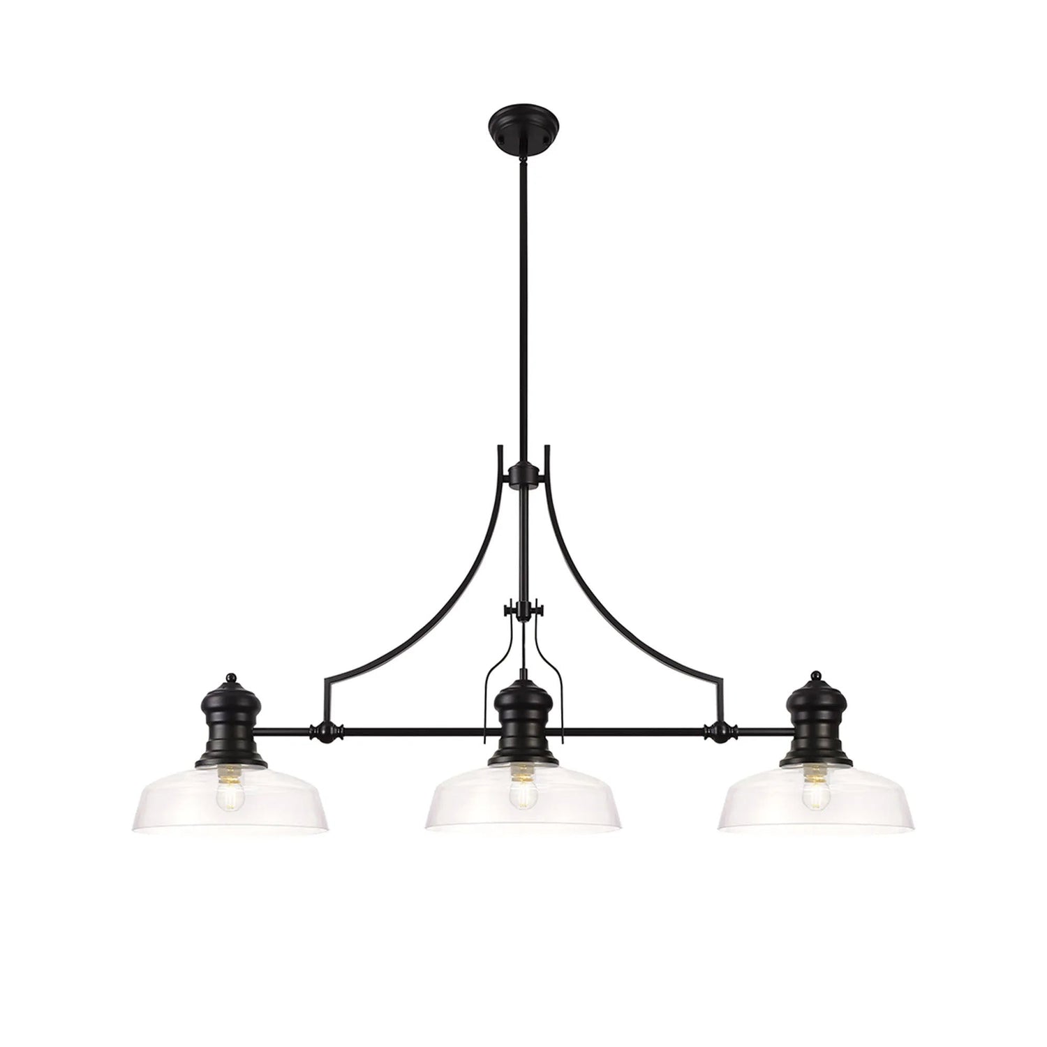 Munro 3 Light Linear Multi Height Pendant E27 With 30cm Flat Round Glass Shade, Matt Black, Clear