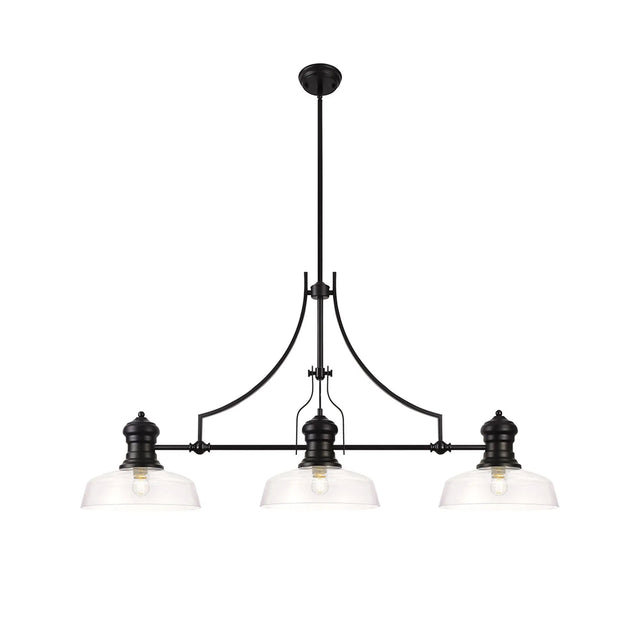 Munro 3 Light Linear Multi Height Pendant E27 With 30cm Flat Round Glass Shade, Matt Black, Clear