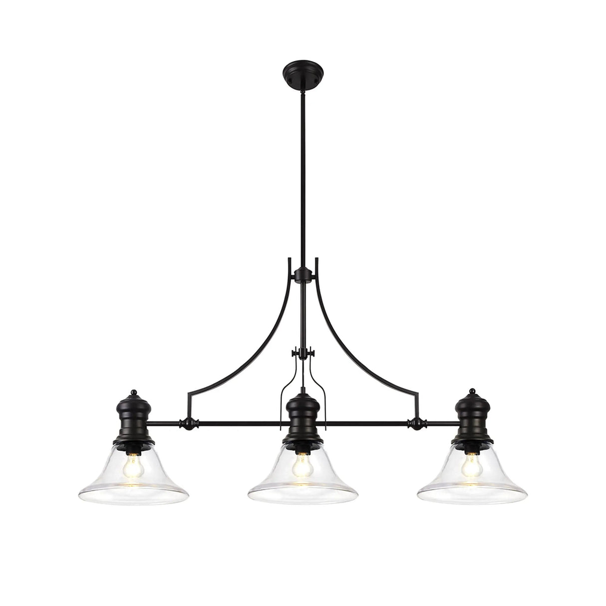 Munro 3 Light Linear Multi Height Pendant E27 With 30cm Smooth Bell Glass Shade, Matt Black, Clear