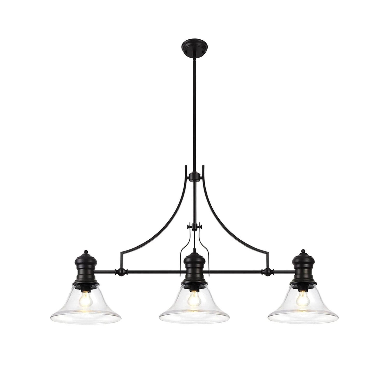 Munro 3 Light Linear Multi Height Pendant E27 With 30cm Smooth Bell Glass Shade, Matt Black, Clear