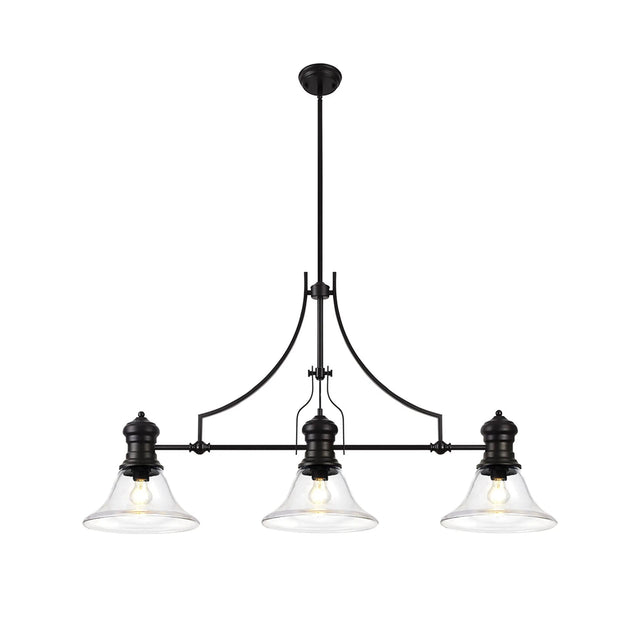 Munro 3 Light Linear Multi Height Pendant E27 With 30cm Smooth Bell Glass Shade, Matt Black, Clear
