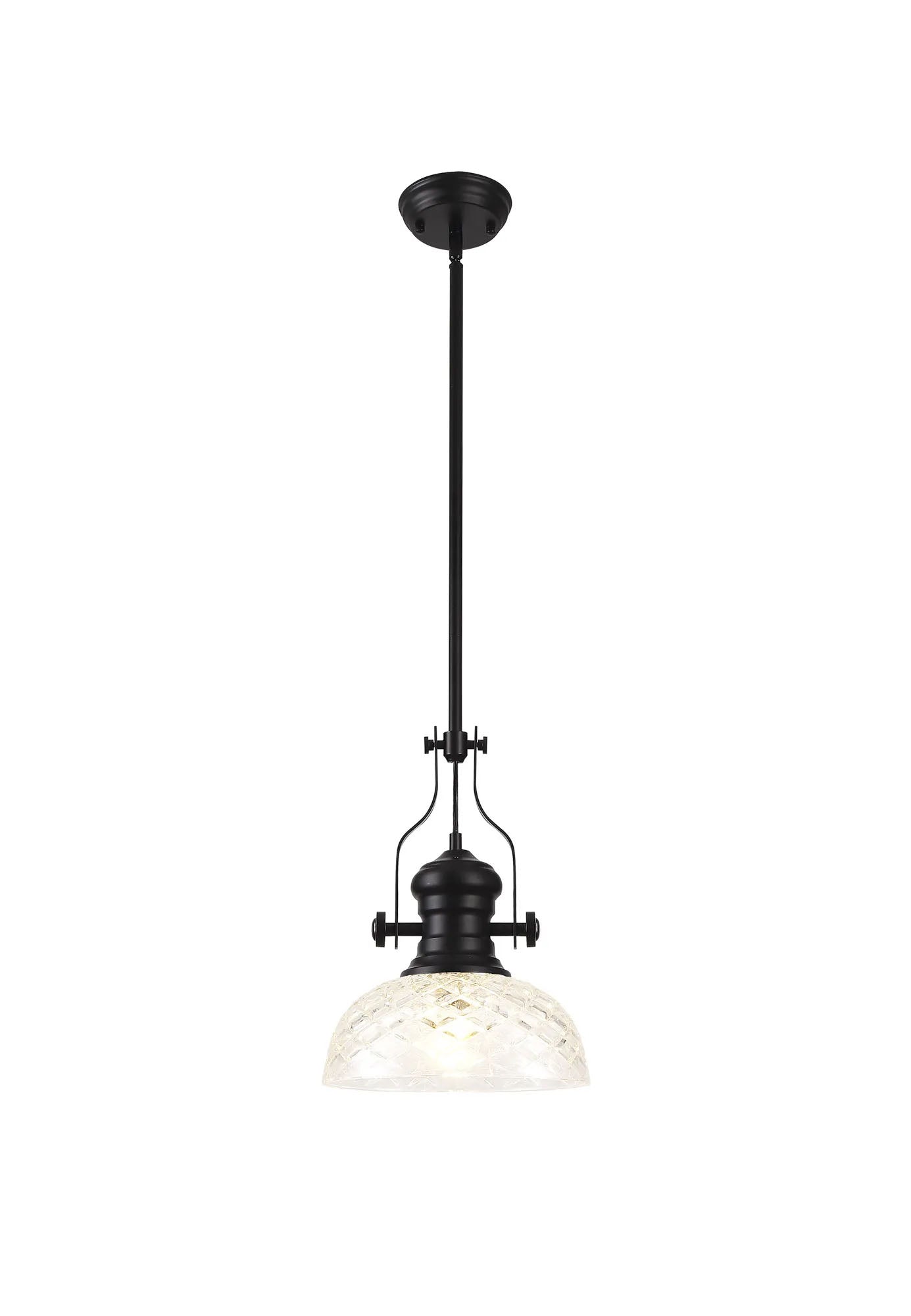 Munro Multi Height Pendant With 30cm Flat Round Patterned Shade, 1 x E27, Matt Black/Clear Glass
