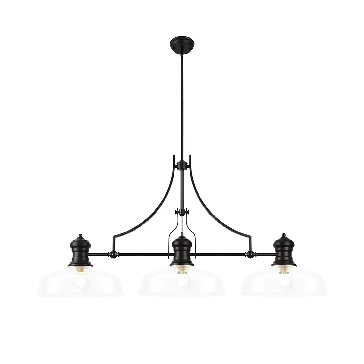 Munro Linear Multi Height Pendant With 38cm Flat Round Shade, 3 x E27, Matt Black/Clear Glass