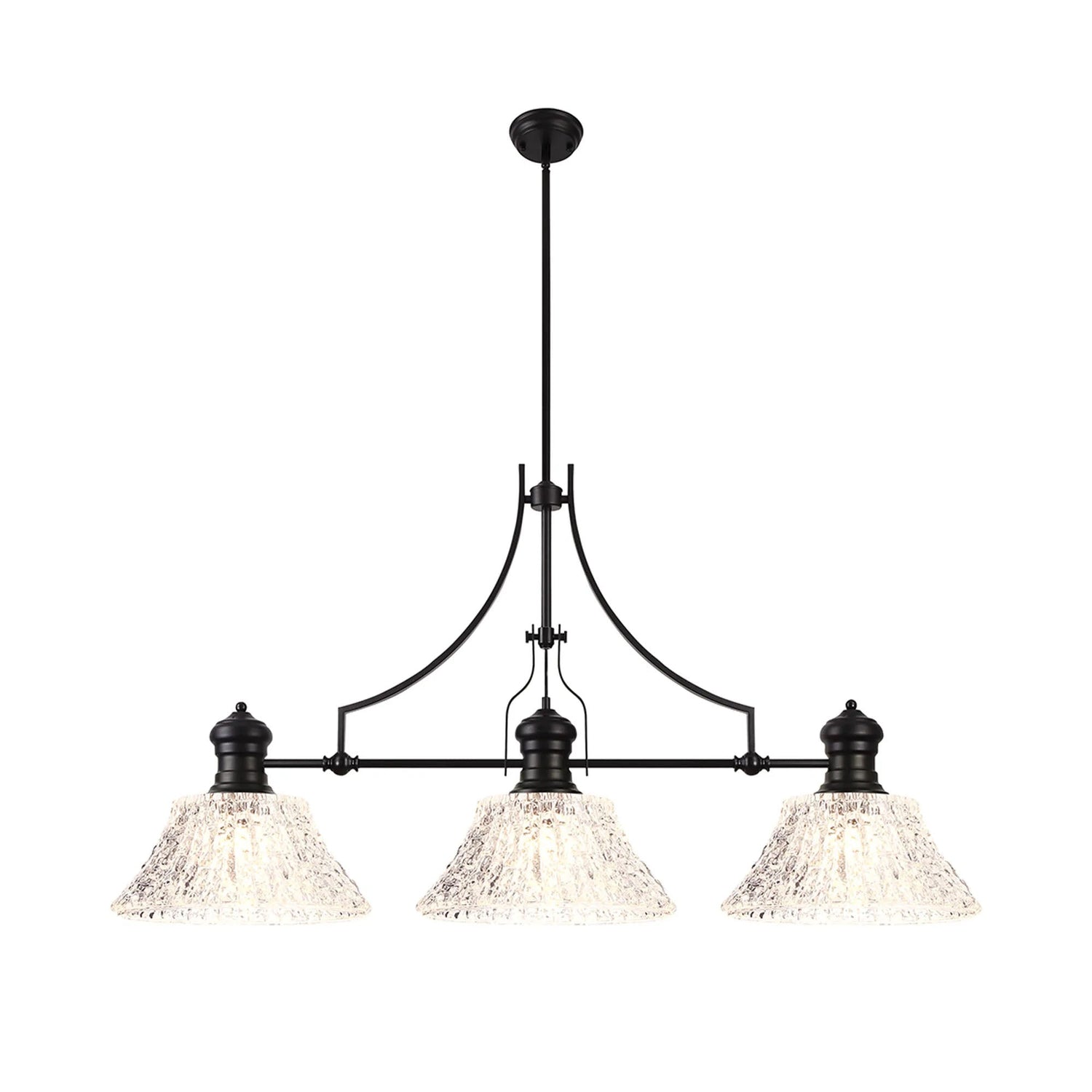 Munro Linear Multi Height Pendant With 38cm Patterned Round Shade, 3 x E27, Matt Black/Clear Glass (19.1kg)