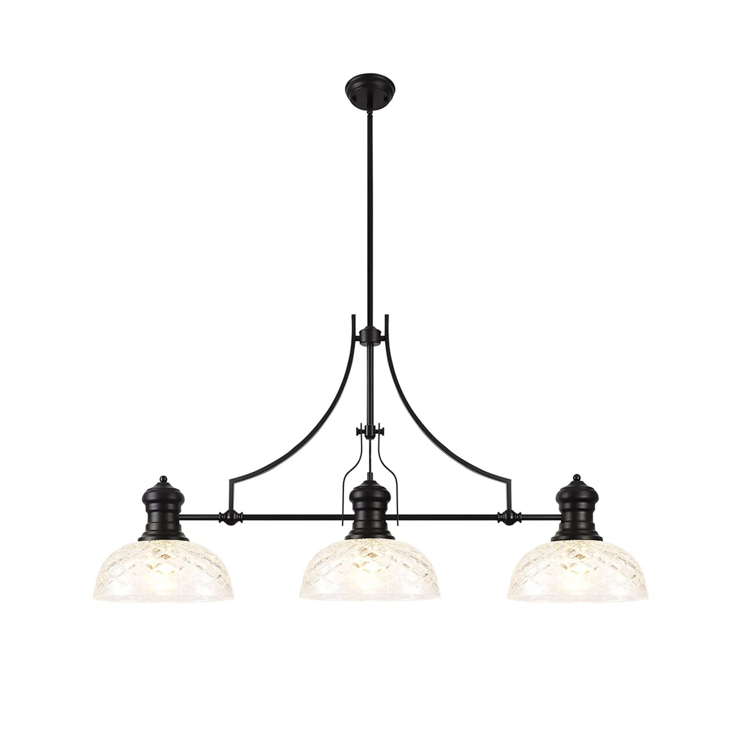 Munro Linear Multi Height Pendant With 30cm Flat Round Patterned Shade, 3 x E27, Matt Black/Clear Glass