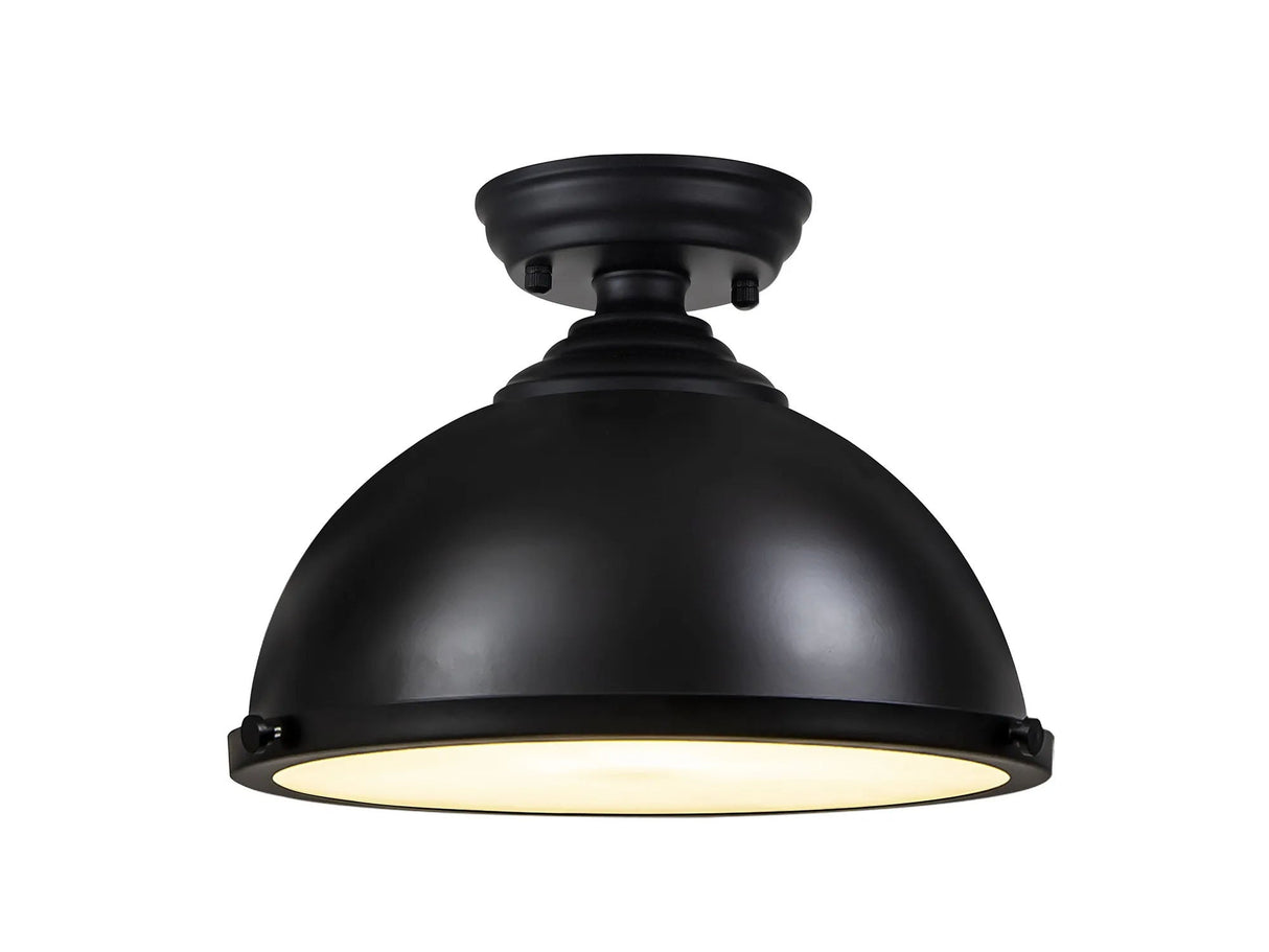 Munro 31cm Flush Ceiling Fitting, 1 x E27, Black/Frosted Glass