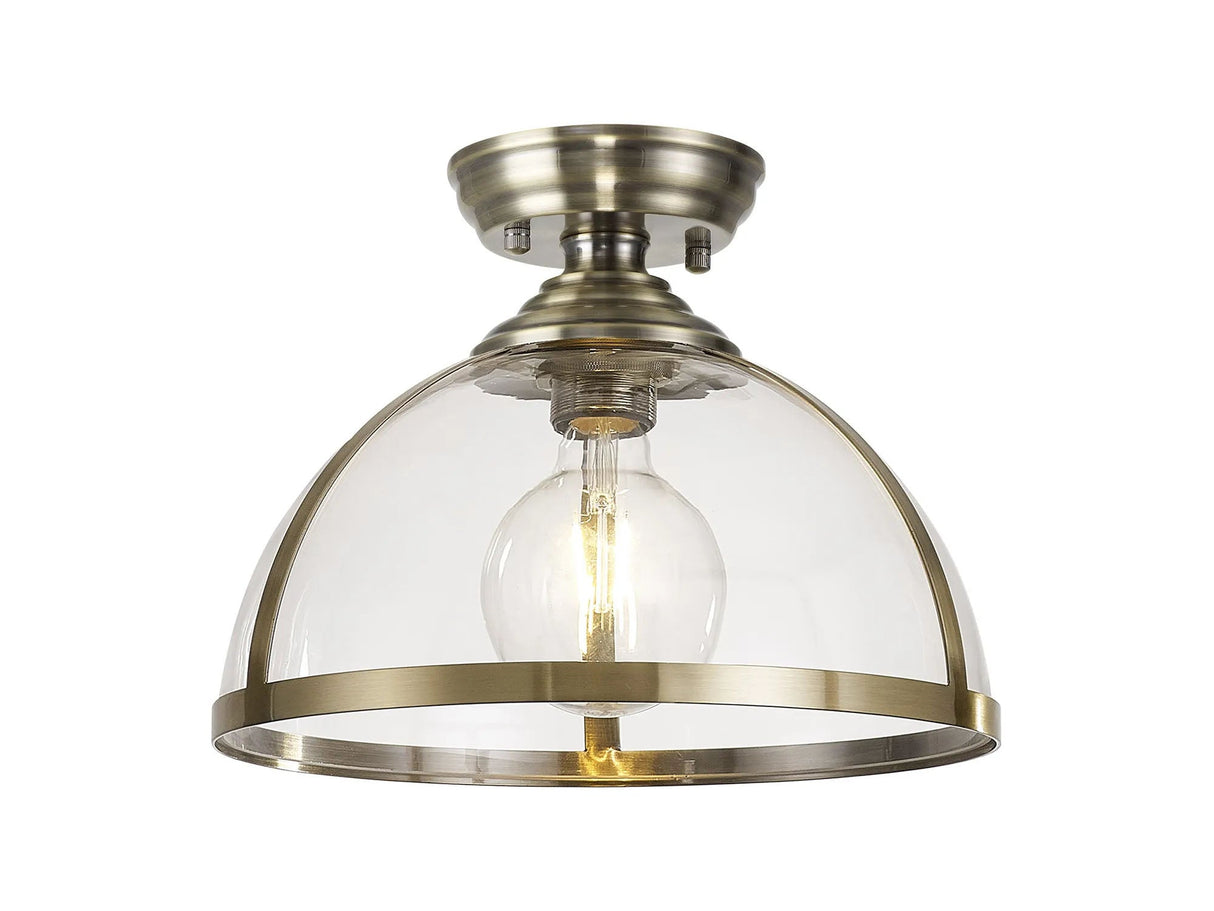 Munro 30cm Flush Ceiling Fitting, 1 x E27, Antique Brass/Clear