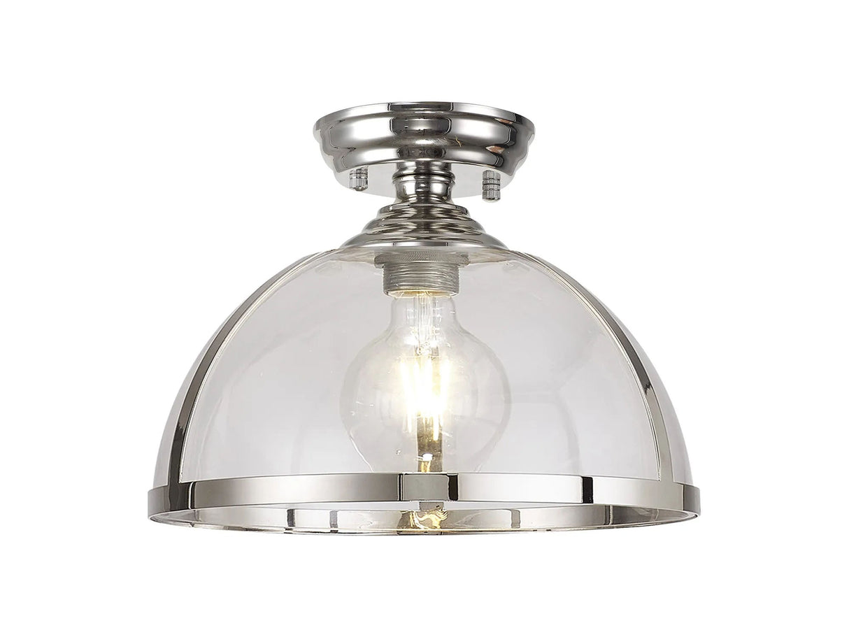 Munro 30cm Flush Ceiling Fitting, 1 x E27, Polished Nickel/Clear