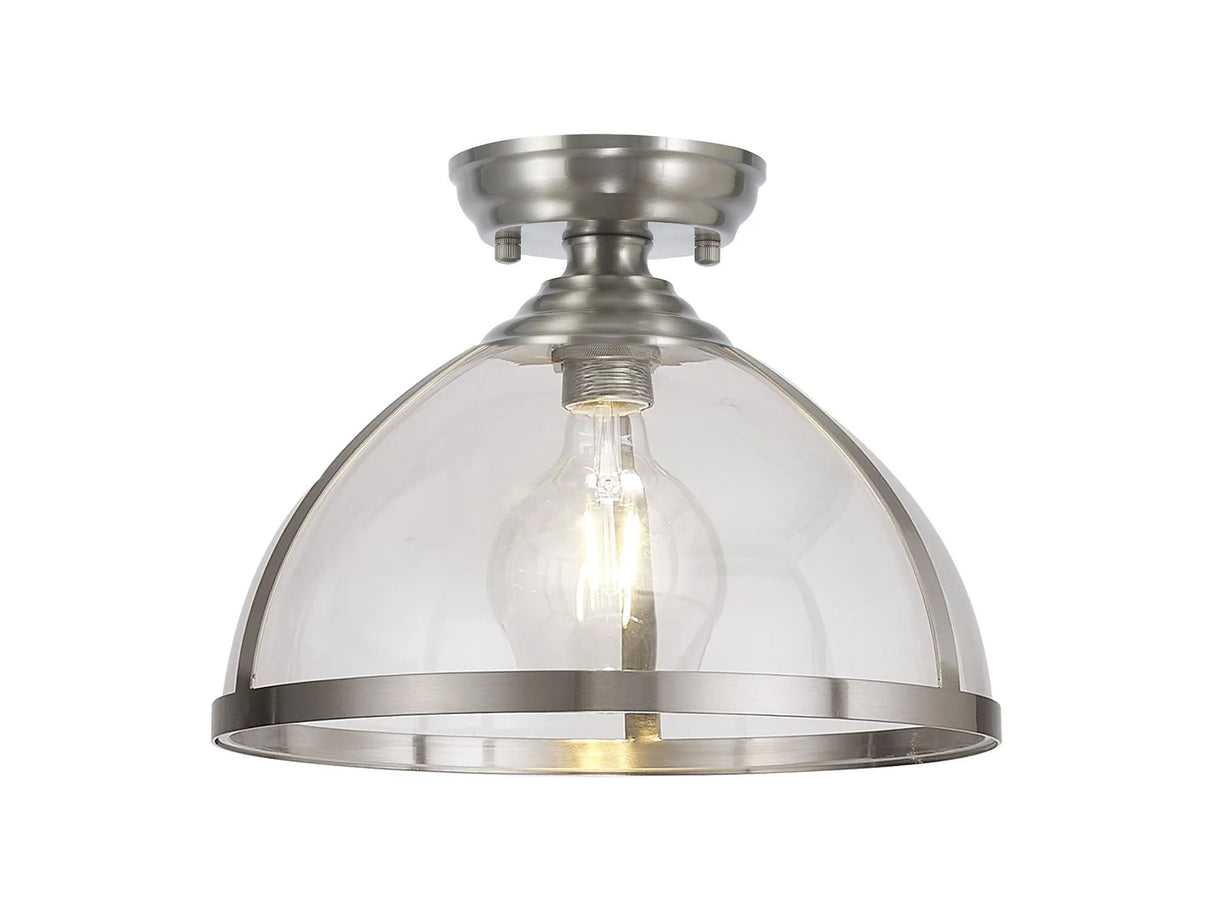 Munro 30cm Flush Ceiling Fitting, 1 x E27, Satin Nickel/Clear