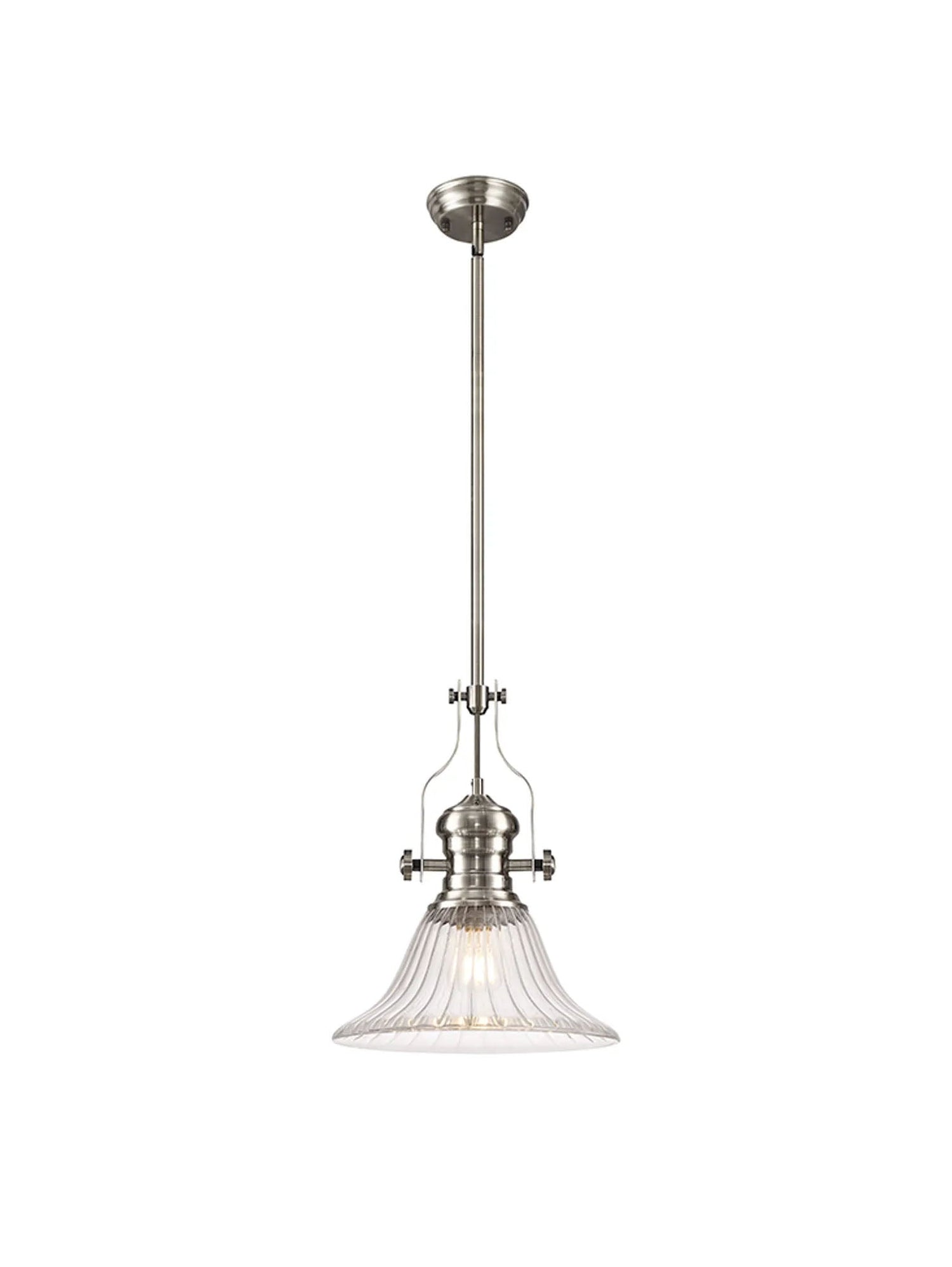 Munro Single Multi Height Pendant, 1 x E27, 30cm Bell Glass, Satin Nickel/Clear
