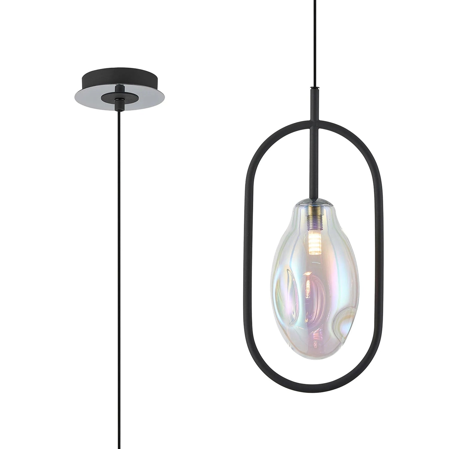 Newton Oblong Pendant/Semi Ceiling Convertible, 1 Light G9, Grey/Polished Chrome/Iridescent Concaved Oval Glass