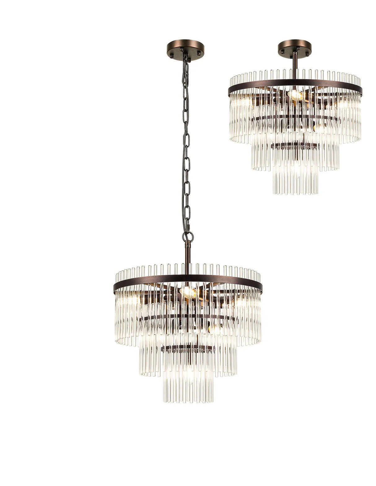 Onien 45cm Pendant/Semi Ceiling 7 Light E14, Brown Oxide/Clear Glass Rods