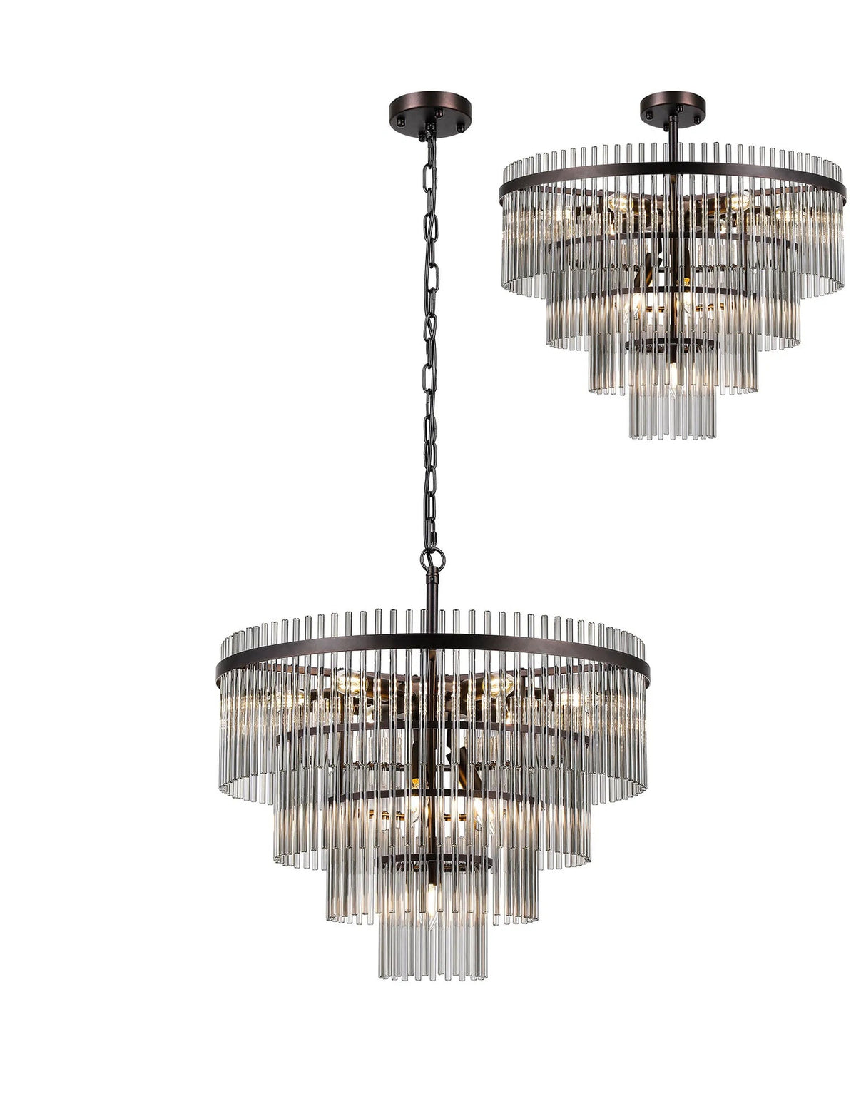 Onien 60cm Pendant/Semi Ceiling 10 Light E14, Brown Oxide/Smoke Glass Rods