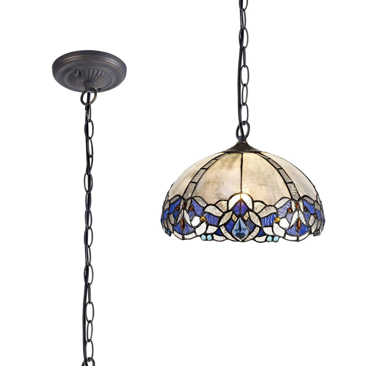 Siddall 1 Light Downlight Pendant E27 With 30cm Tiffany Shade, Blue/Clear Crystal/Aged Antique Brass