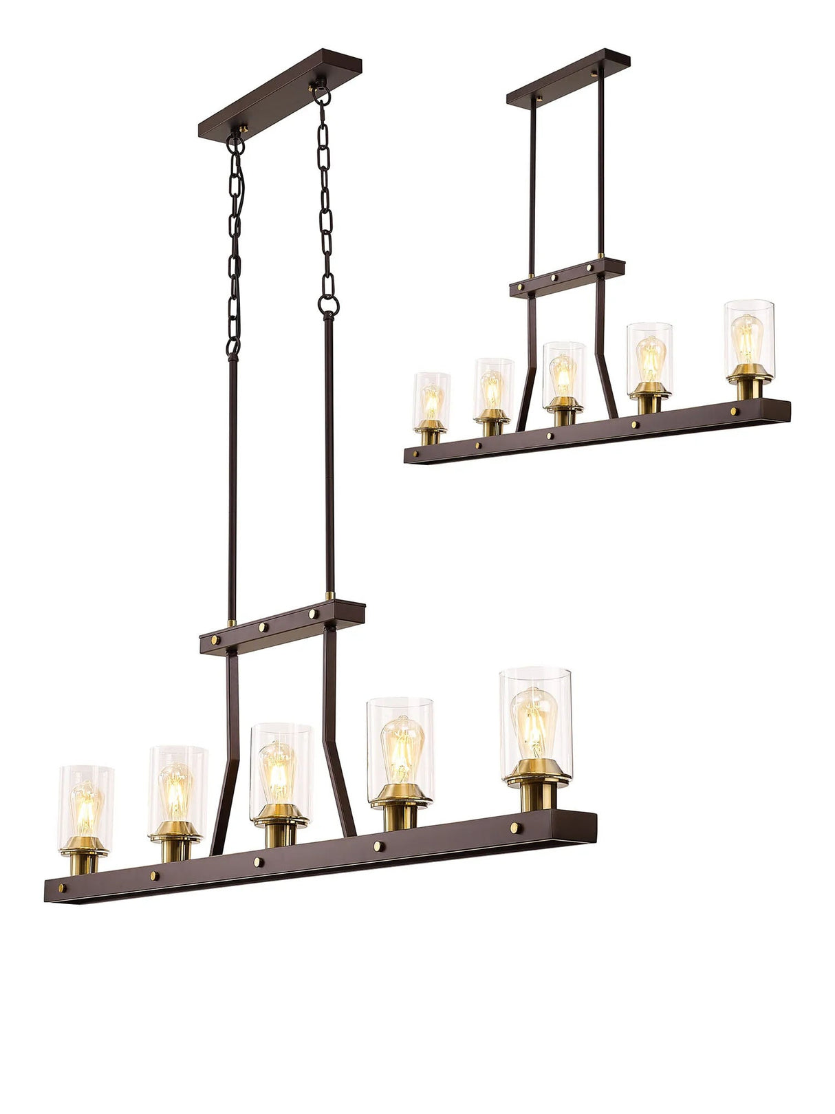 Owers Linear Pendant/Semi Flush 5 x E27, Brown Oxide/Gold Bronze With Clear Glass Shades