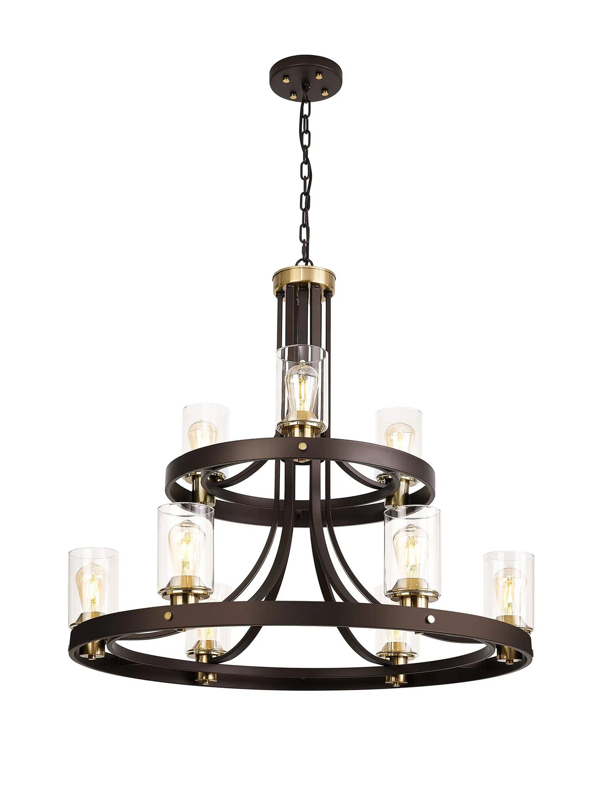 Owers 2 Tier Round Pendant 3+6 x E27, Brown Oxide/Gold Bronze With Clear Glass Shades
