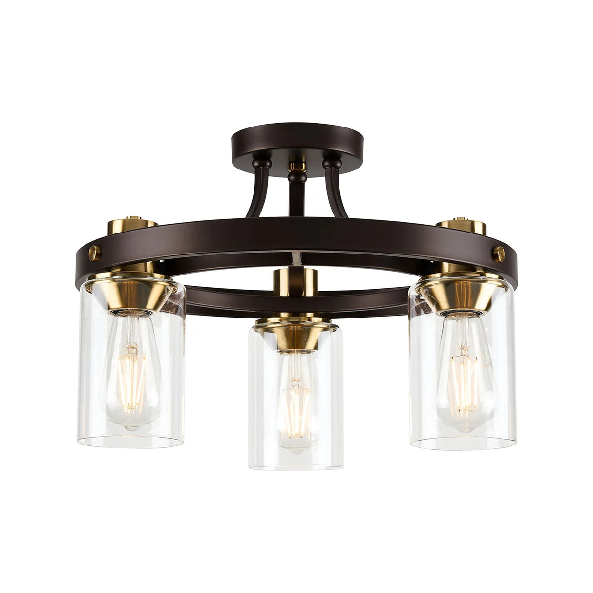 Owers Round Semi Flush Ceiling 3 x E27, Brown Oxide/Gold Bronze With Clear Glass Shades