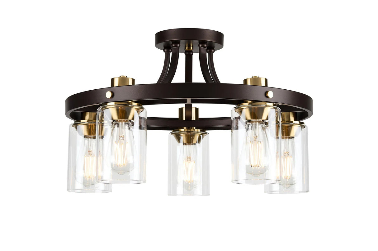Owers Round Semi Flush Ceiling 5 x E27, Brown Oxide/Gold Bronze With Clear Glass Shades