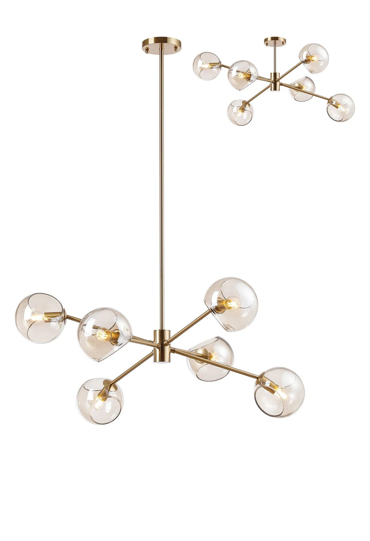 Peters 85cm Round Fixed Multi Height Pendant/Semi Flush With Double Cut Glass, 6 x E14, Antique Gold/Cognac