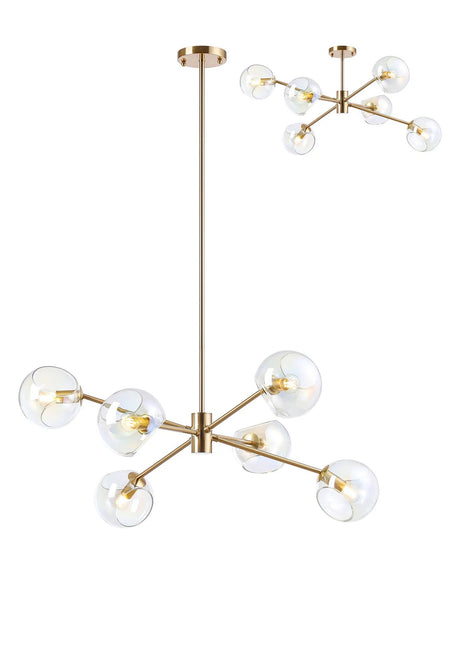 Peters 85cm Round Fixed Multi Height Pendant/Semi Flush With Double Cut Glass, 6 x E14, Antique Gold/Iridescent
