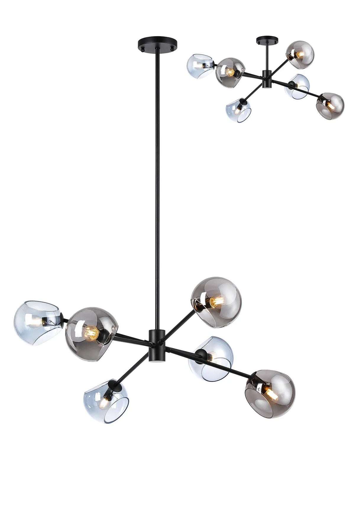 Peters 85cm Round Fixed Pendant With Double Cut Glass, 6 x E14, Satin Black/Blue/Smoke