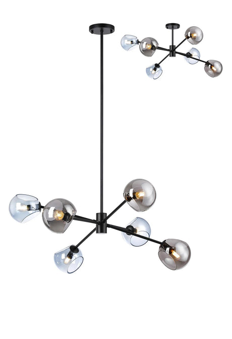 Peters 85cm Round Fixed Pendant With Double Cut Glass, 6 x E14, Satin Black/Blue/Smoke