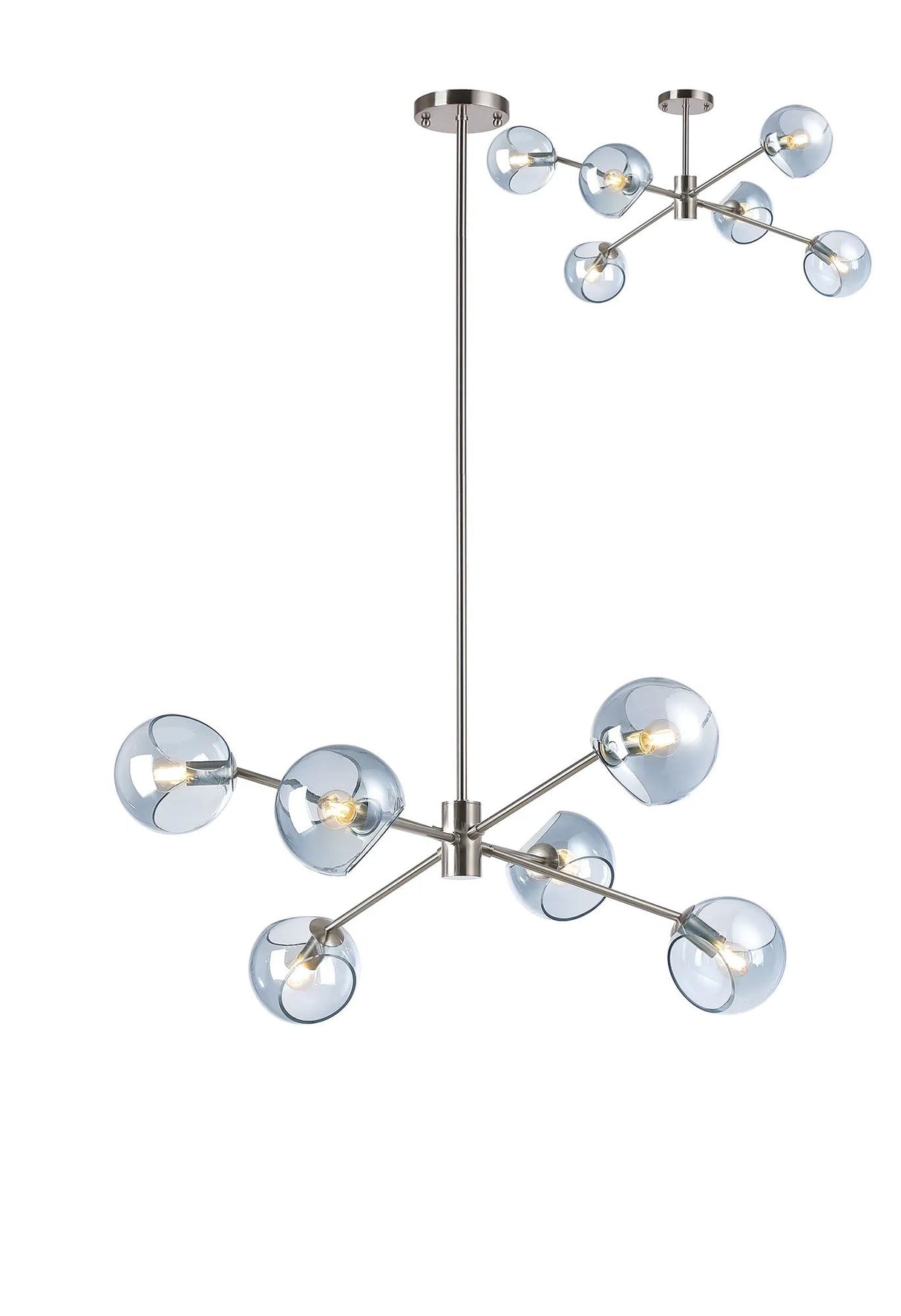 Peters 85cm Round Fixed Pendant With Double Cut Glass, 6 x E14, Satin Nickel/Blue