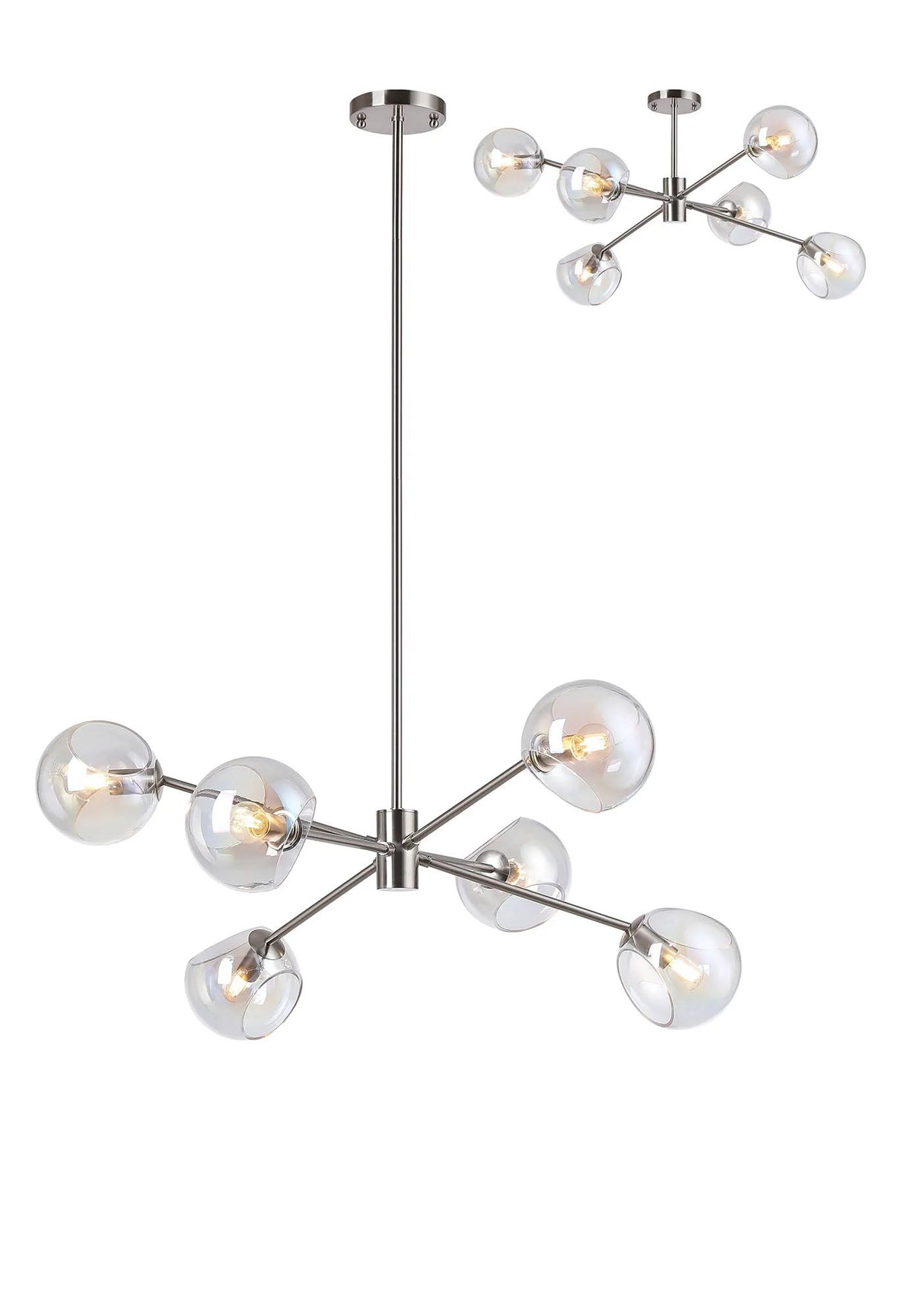 Peters 85cm Round Fixed Multi Height Pendant/Semi Flush With Double Cut Glass, 6 x E14, Satin Nickel/Iridescent