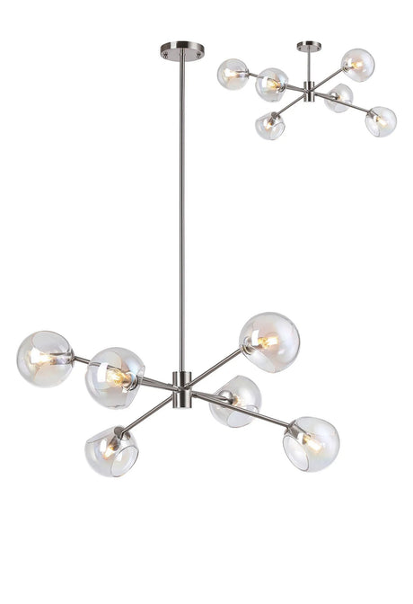 Peters 85cm Round Fixed Multi Height Pendant/Semi Flush With Double Cut Glass, 6 x E14, Satin Nickel/Iridescent