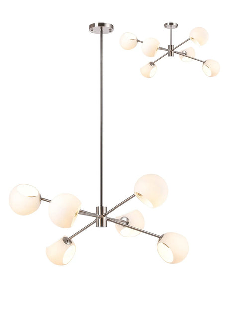 Peters 85cm Round Fixed Pendant With Double Cut Glass, 6 x E14, Satin Nickel/Opal
