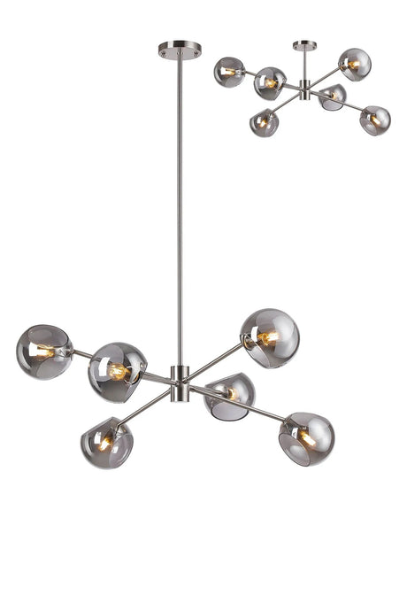 Peters 85cm Round Fixed Multi Height Pendant/Semi Flush With Double Cut Glass, 6 x E14, Satin Nickel/Smoke