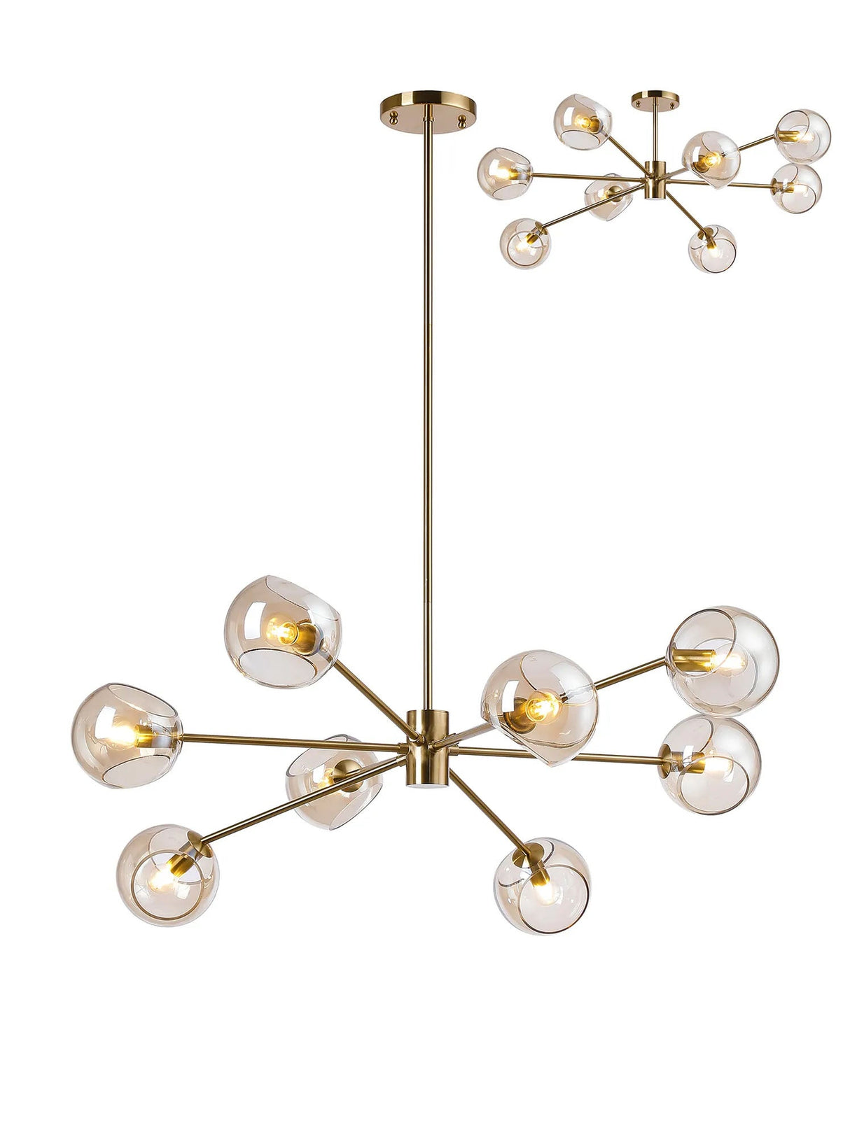Peters 100cm Round Fixed Multi Height Pendant/Semi Flush With Double Cut Glass, 8 x E14, Antique Gold/Cognac