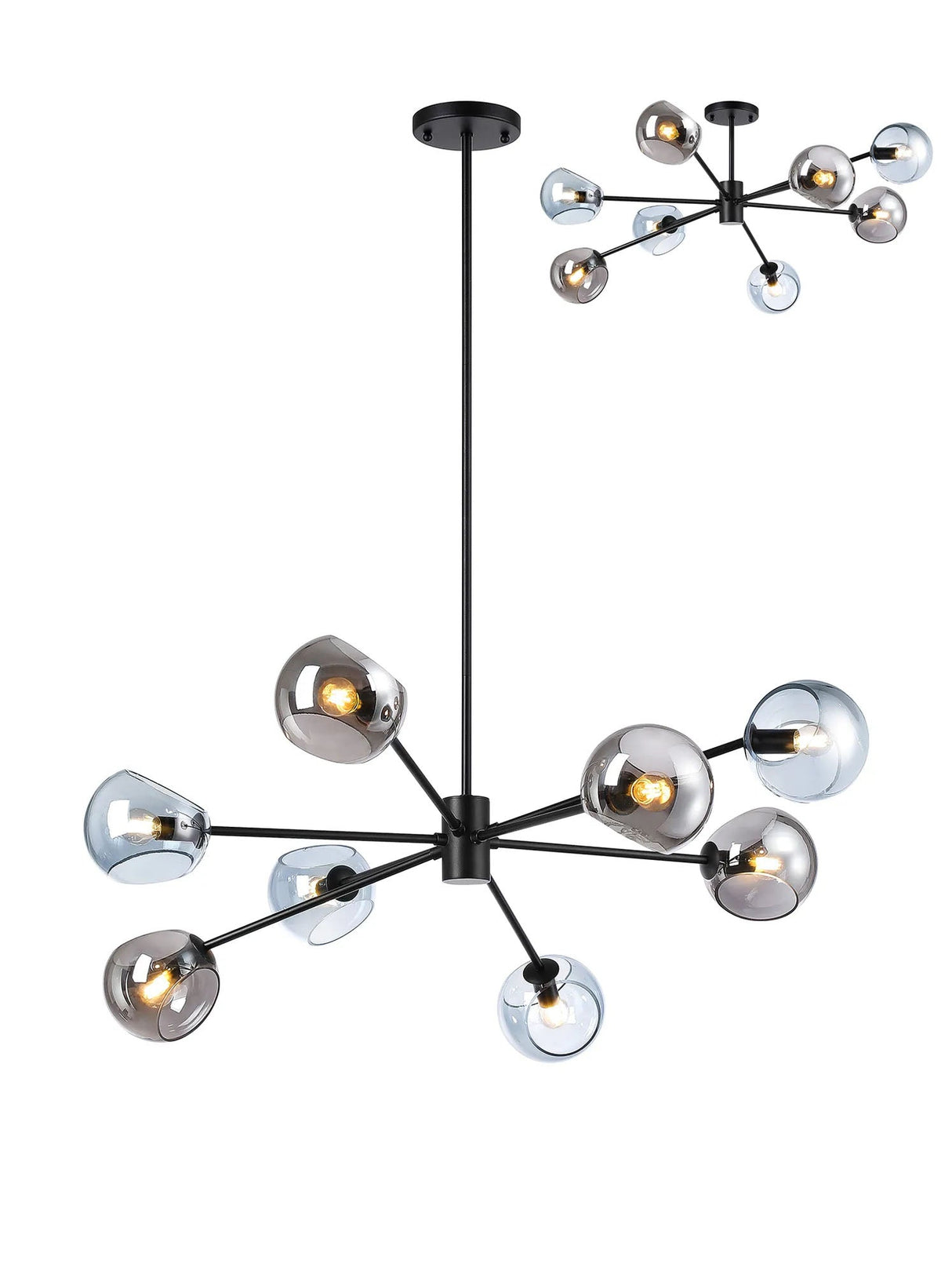 Peters 100cm Round Fixed Pendant With Double Cut Glass, 8 x E14, Satin Black/Blue/Smoke