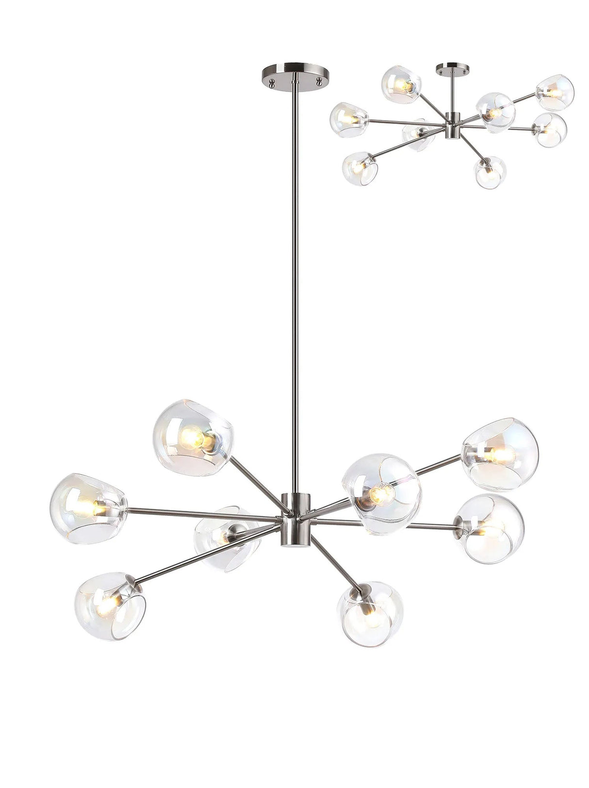 Peters 100cm Round Fixed Multi Height Pendant/Semi Flush With Double Cut Glass, 8 x E14, Satin Nickel/Iridescent