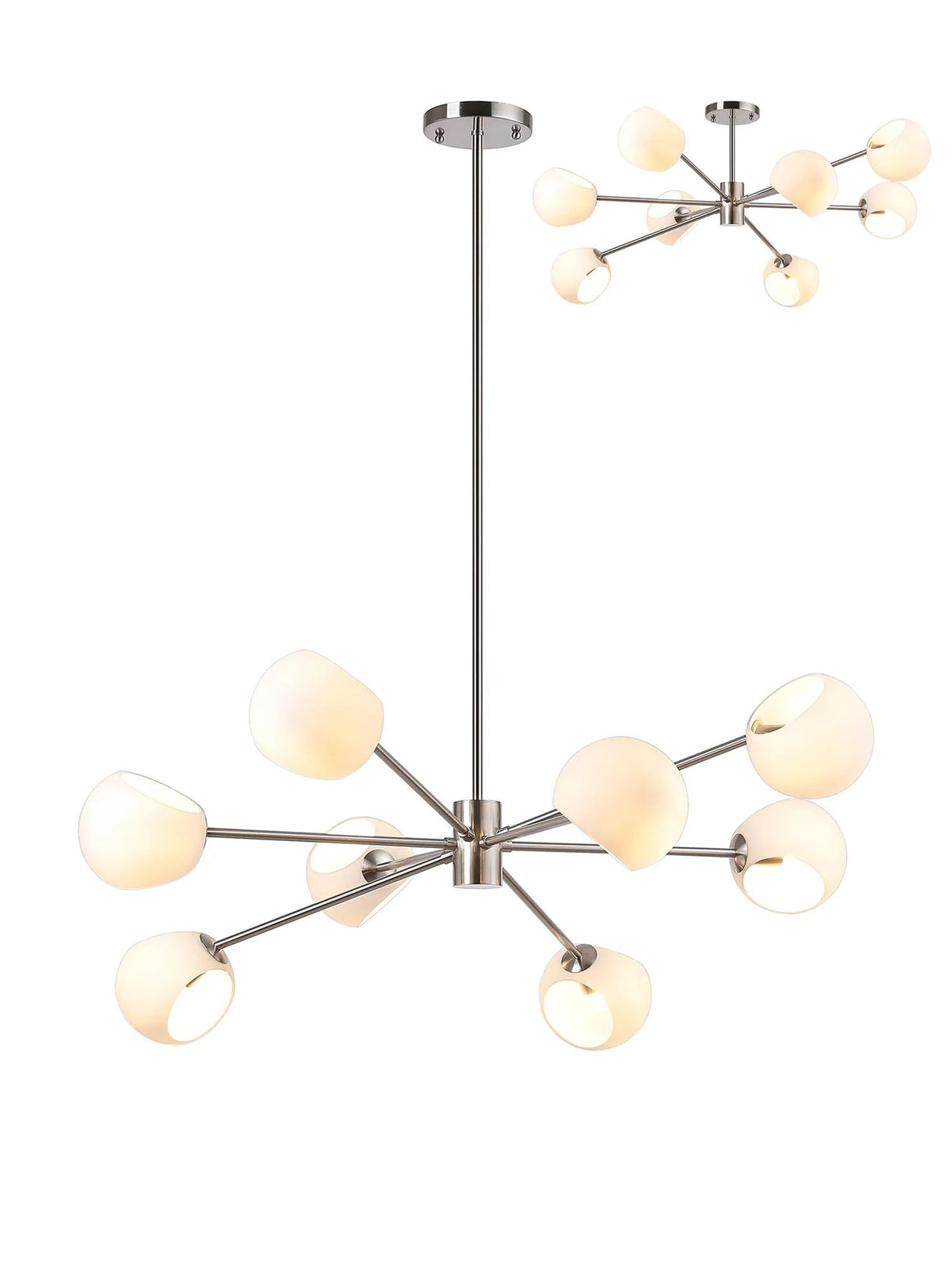 Peters 100cm Round Fixed Pendant With Double Cut Glass, 8 x E14, Satin Nickel/Opal