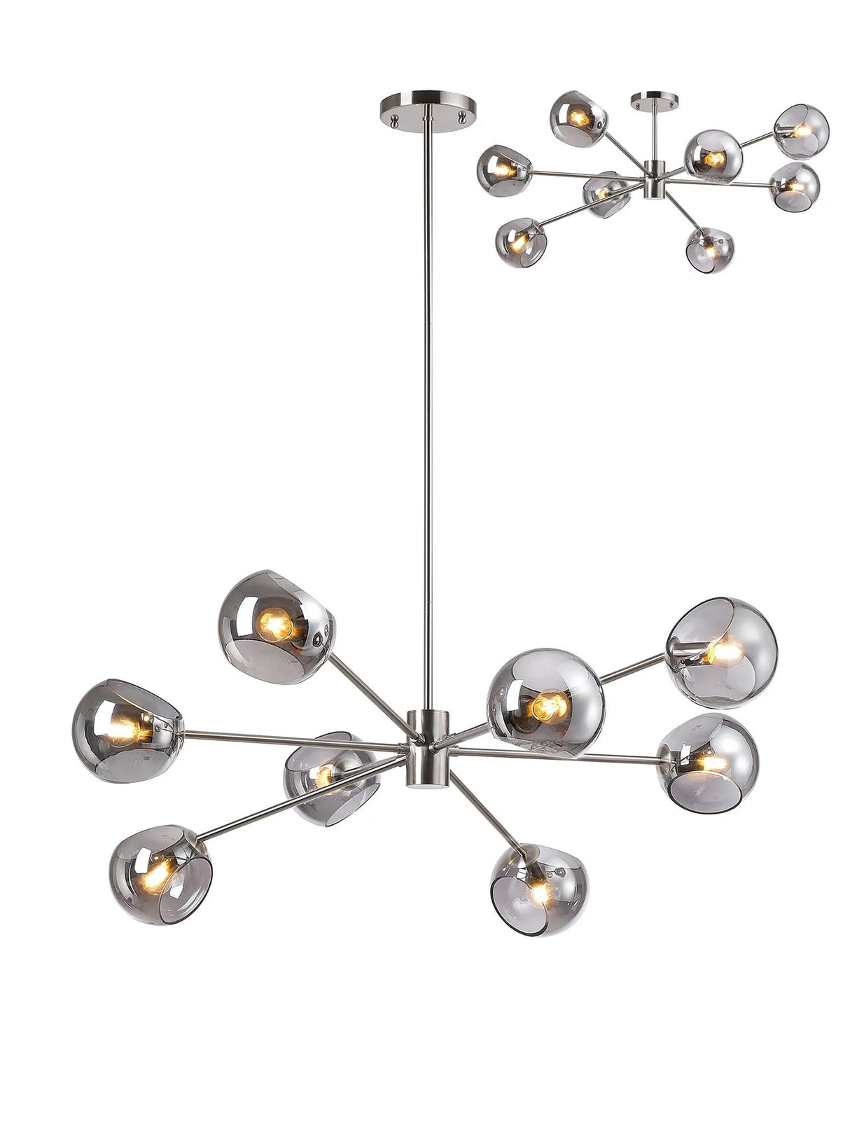 Peters 100cm Round Fixed Multi Height Pendant/Semi Flush With Double Cut Glass, 8 x E14, Satin Nickel/Smoke