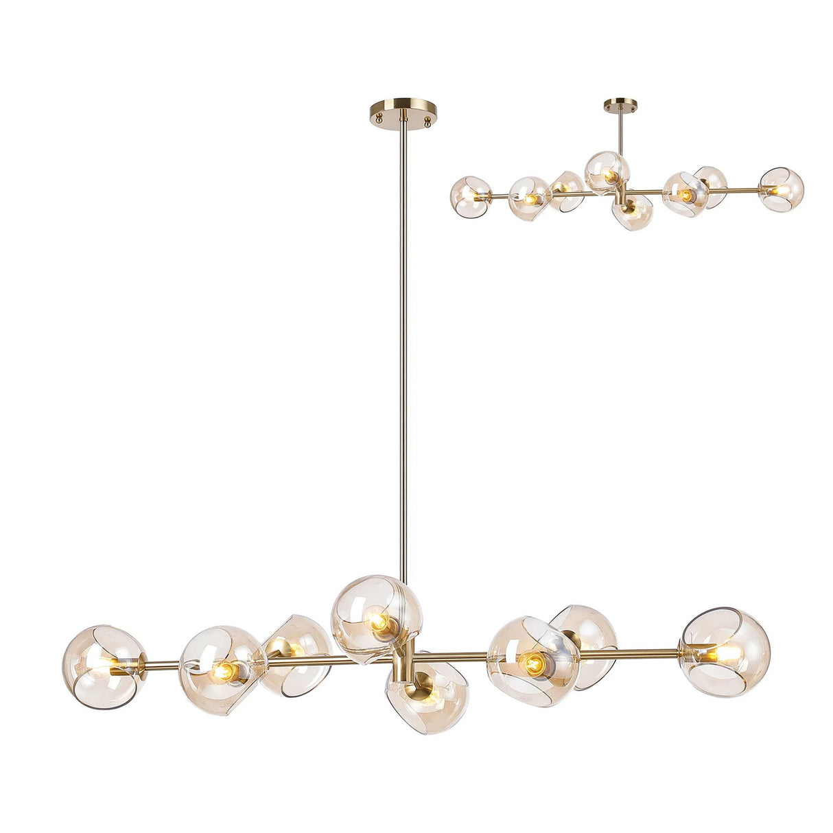 Peters Linear Fixed Multi Height Pendant/Semi Flush With Double Cut Glass, 8 x E14, Antique Gold/Cognac