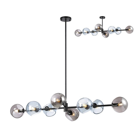 Peters Linear Fixed Pendant With Double Cut Glass, 8 x E14, Satin Black/Blue/Smoke
