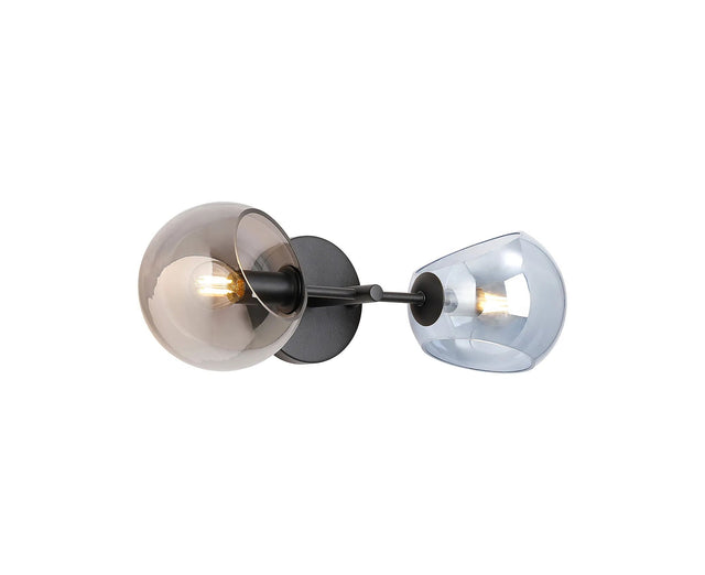 Peters Wall Lamp With Double Cut Glass, 2 x E14, Satin Black/Blue/Smoke
