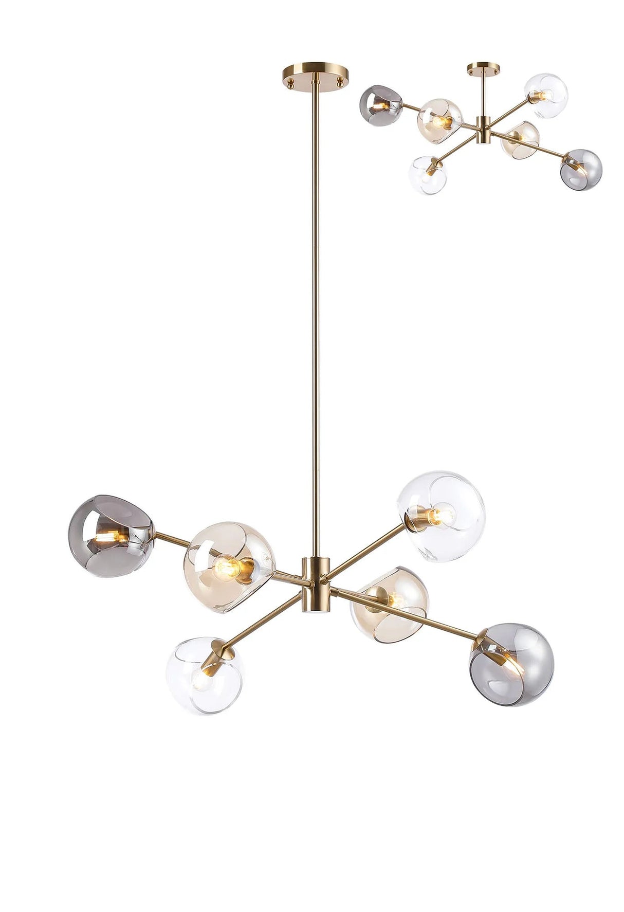 Peters 85cm Round Fixed Multi Height Pendant/Semi Flush With Double Cut Glass, 6 x E14, Antique Gold/Cognac/Clear/Smoke